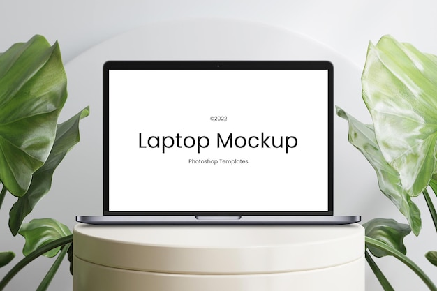 PSD realistic laptop device mockup on podium editable psd template