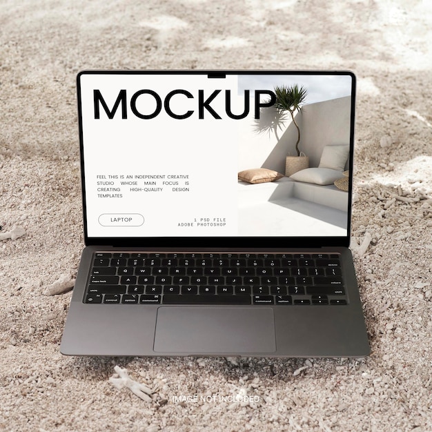 PSD realistic laptop device screen macbook air editable mockup on summer beach psd