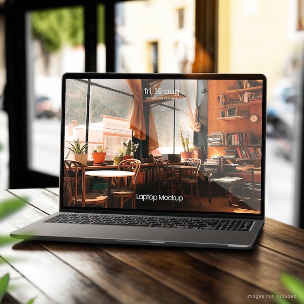 Realistic Laptop Mockup of an iMac Laptop on a wooden table with a blurred cafe in the Background