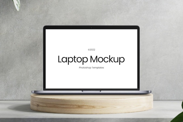 PSD realistic laptop mockup on podium editable psd template with background