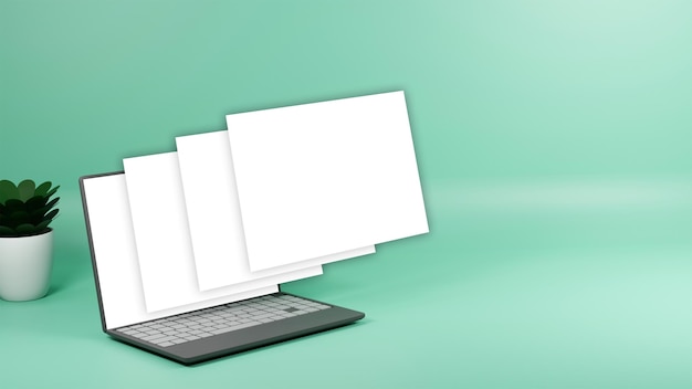 Realistic Laptop With Blank Screens Mockup And Plant Pot On Light Sea Green Background 3D Rendering