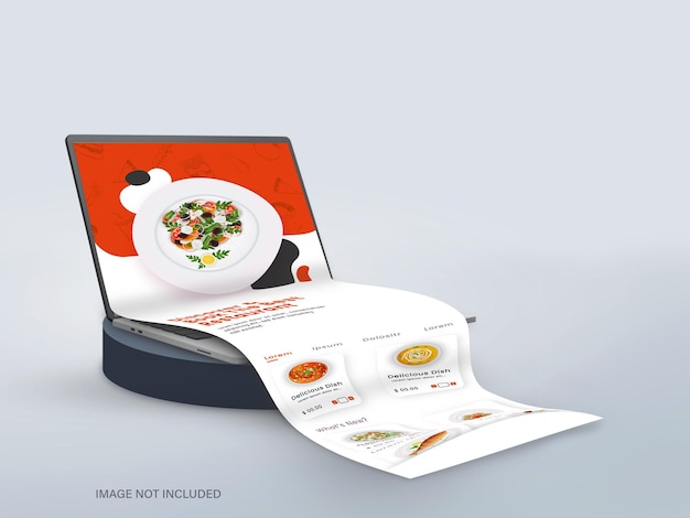 Realistic Laptop With Scrolling Screen Of Restaurant Menu On Podium Illustration