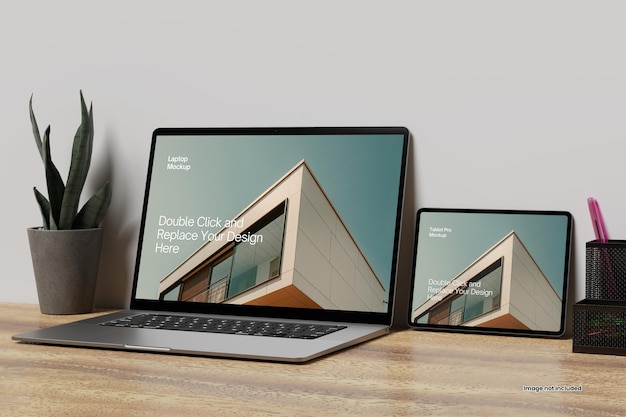 PSD realistic laptop with tablet pro mockup