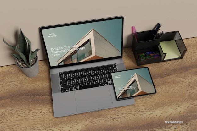 PSD realistic laptop with tablet pro mockup