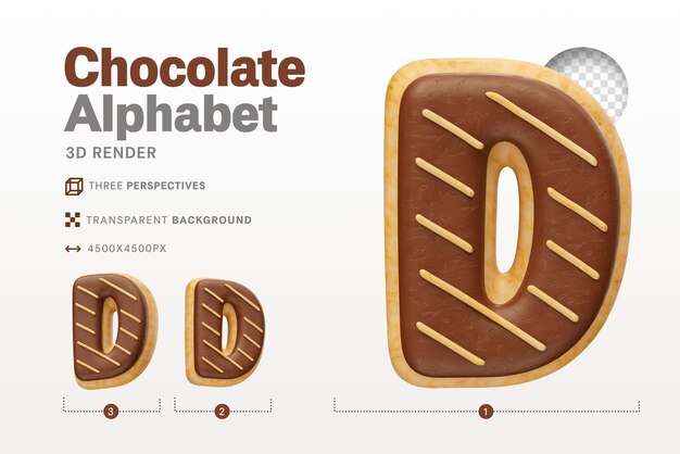 Realistic letter D shaped like chocolate donuts in 3d render with transparent background