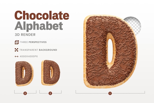 PSD realistic letter d shaped like chocolate donuts in 3d render with transparent background