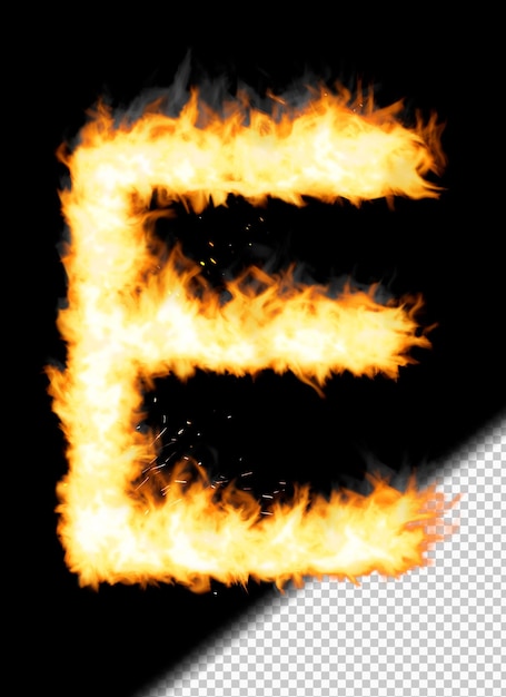 Realistic letter E made of fire on transparent background