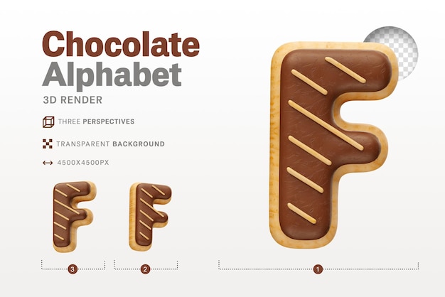 PSD realistic letter f shaped like chocolate donuts in 3d render with transparent background