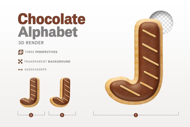 PSD realistic letter j shaped like chocolate donuts in 3d render with transparent background