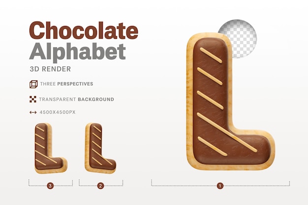 PSD realistic letter l shaped like chocolate donuts in 3d render with transparent background