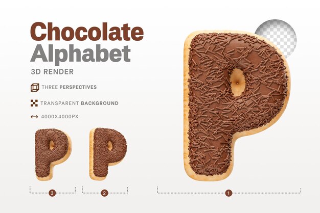 PSD realistic letter p shaped like chocolate donuts in 3d render with transparent background