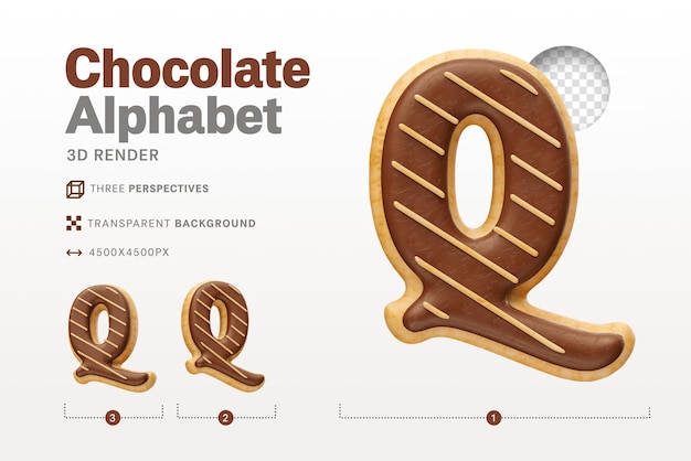 PSD realistic letter q shaped like chocolate donuts in 3d render with transparent background