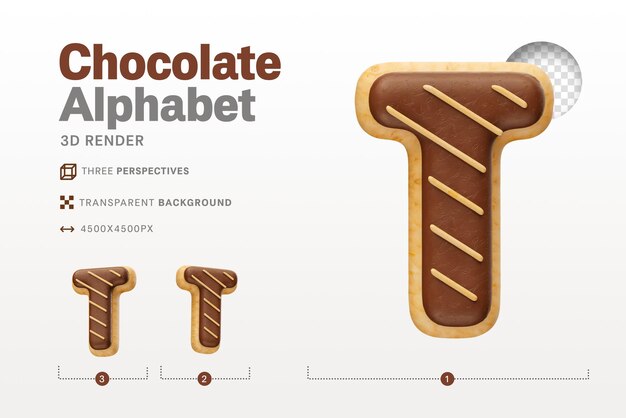 PSD realistic letter t shaped like chocolate donuts in 3d render with transparent background