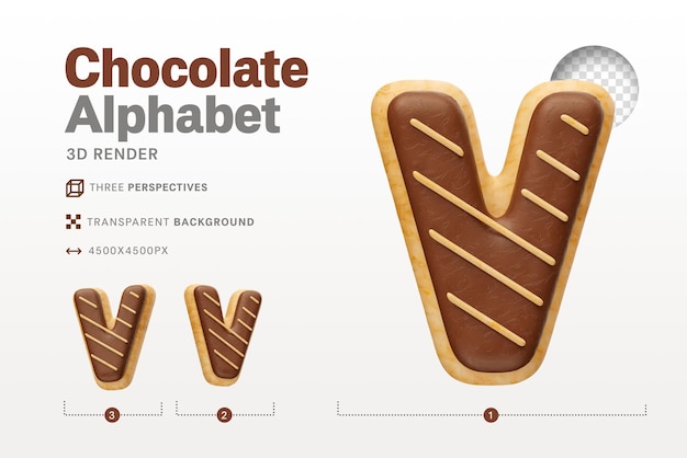 Realistic letter V shaped like chocolate donuts in 3d render with transparent background