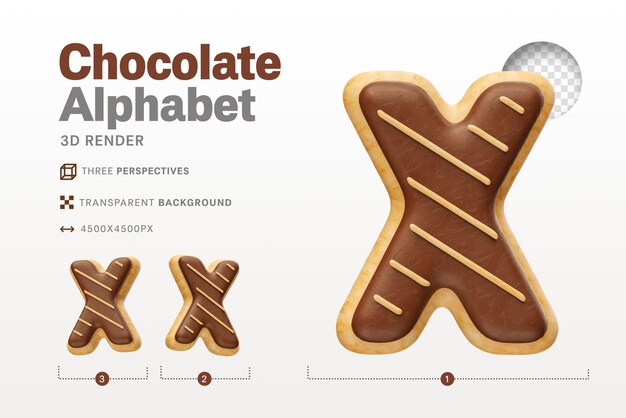 PSD realistic letter x shaped like chocolate donuts in 3d render with transparent background