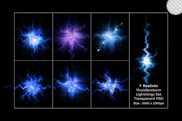 Realistic lightning collection of isolated thunderbolts on transparent Set