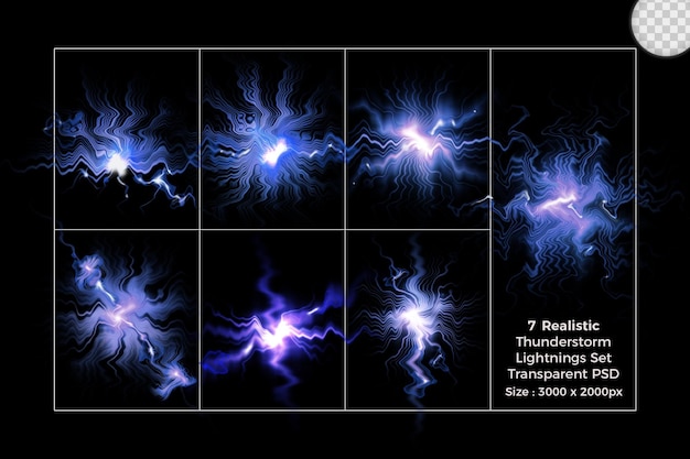 Realistic lightning collection of isolated thunderbolts on transparent Set