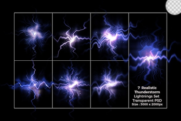 Realistic lightning collection of isolated thunderbolts on transparent Set