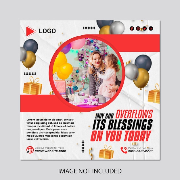 Realistic luxury golden happy birthday invitation with social media banner post design template