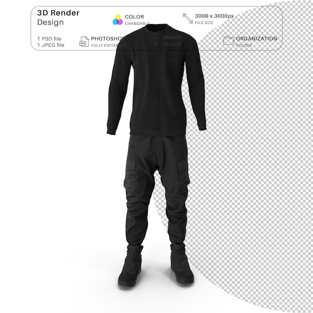 PSD realistic men's wear 3d model psd pullover pants and boots set