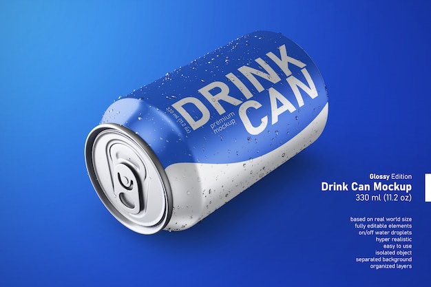 Realistic metal can of soda drink regular size in resting position mockup