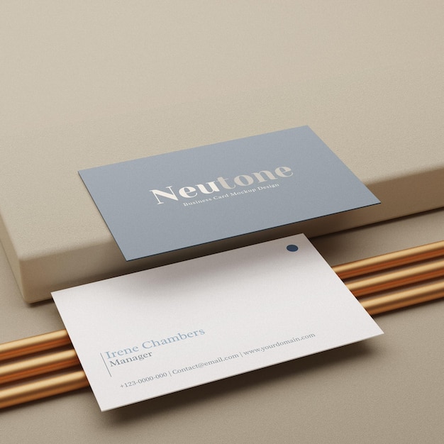 Realistic minimal business card mockup on pedestal and gold stick