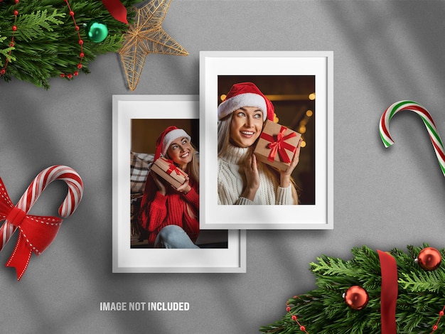 Realistic and minimalist photo frame mockup or moodboard for Merry Christmas and Happy new year with 3D render decoration