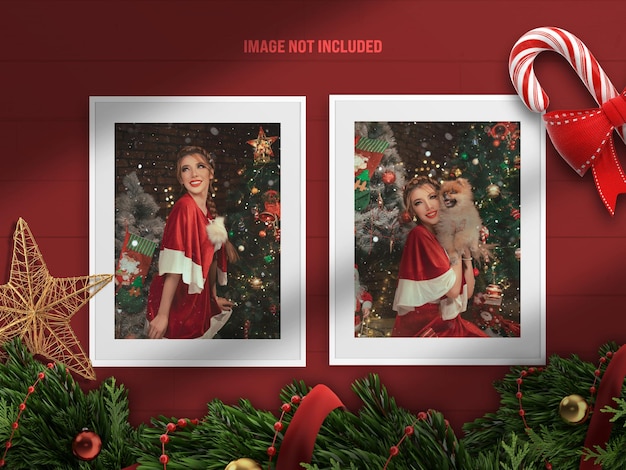 Realistic and minimalist photo frame mockup or moodboard for Merry Christmas and Happy new year with 3D render decoration