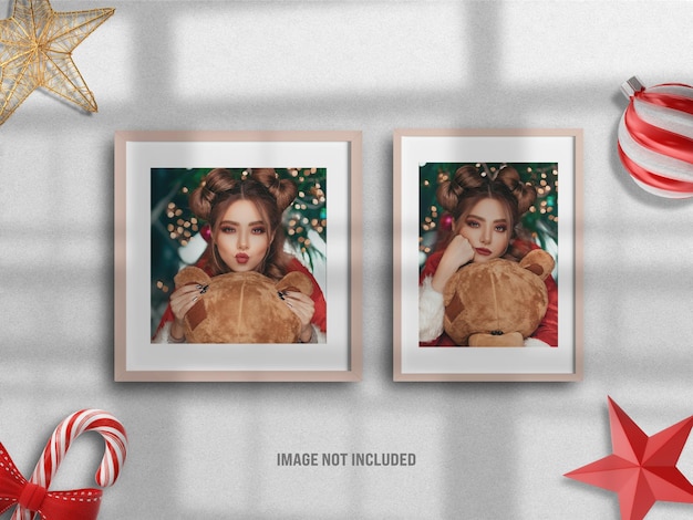 Realistic and minimalist photo frame mockup or moodboard for Merry Christmas and Happy new year with 3D render decoration