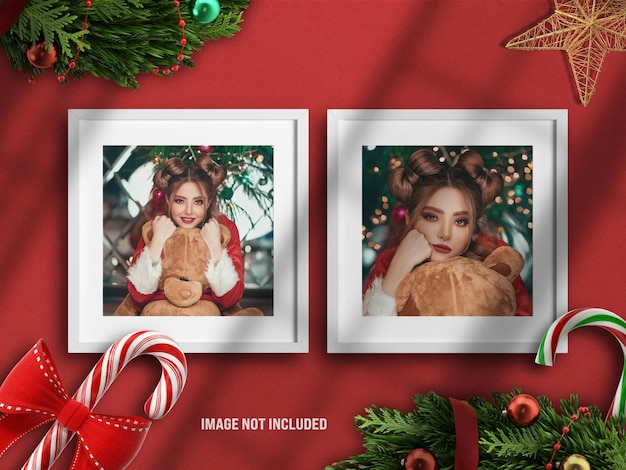 Realistic and minimalist photo frame mockup or moodboard for Merry Christmas and Happy new year with 3D render decoration