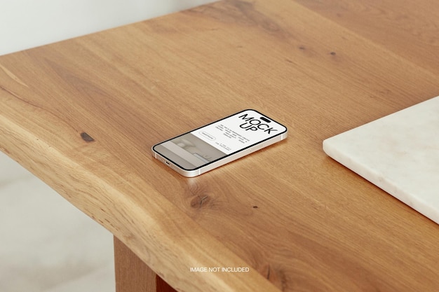 Realistic Mobile Smartphone iPhone Device Screen Editable Mockup on Office Desk Psd