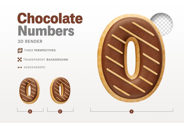 PSD realistic number 0 shaped like chocolate donuts in 3d render with transparent background