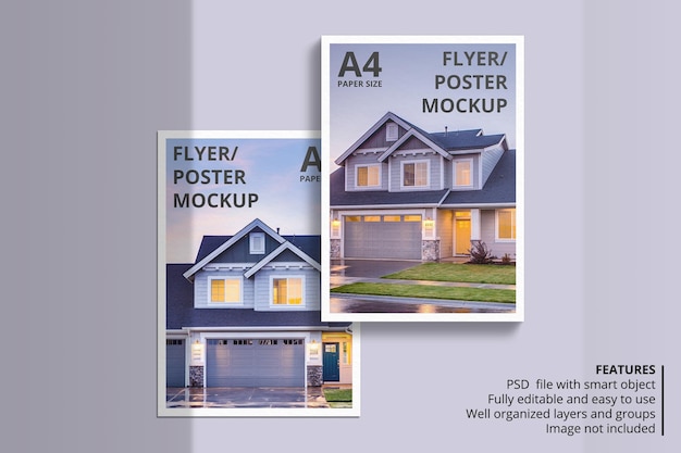 Realistic paper or flyer brochure mockup design with shadow overlay