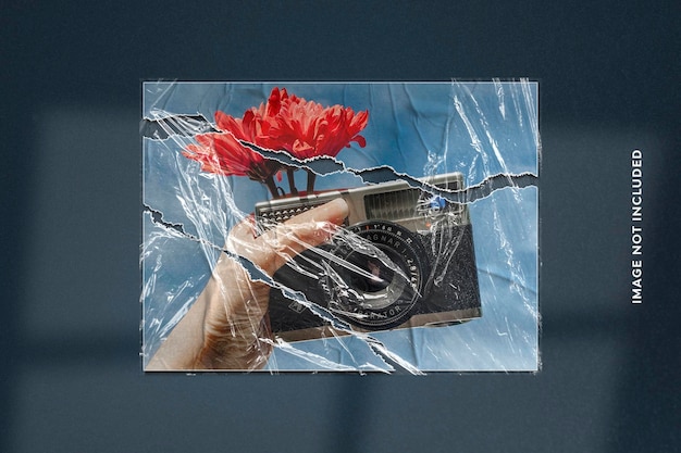 realistic photo effect on torn paper and plastic wrap