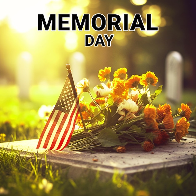 Realistic photo of a memorial day concept grave sign with a military hat and American flag