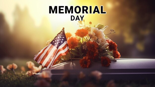 Realistic photo of a memorial day concept grave sign with a military hat and American flag