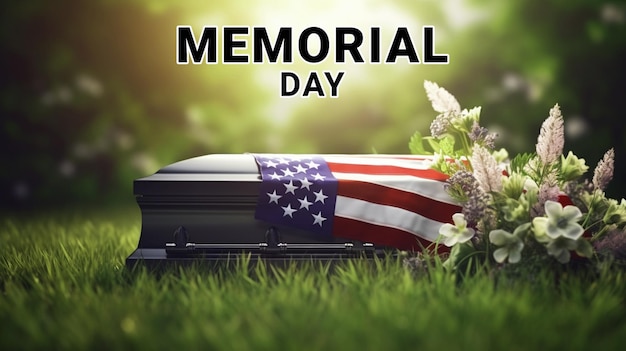 Realistic photo of a memorial day concept grave sign with a military hat and American flag