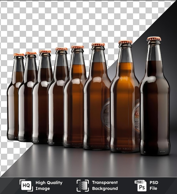 realistic photographic brewer _ s beer bottles a collection of brown and glass bottles arranged in a row