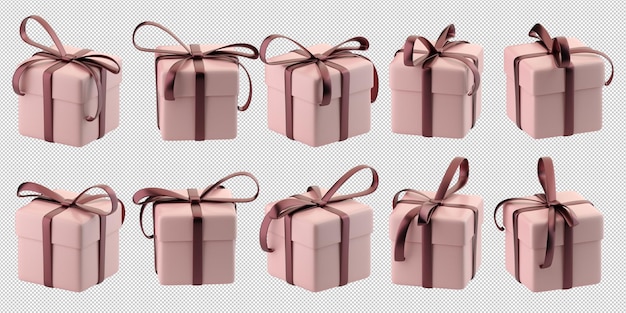 Realistic pink gift box animation set with metallic ribbon bow