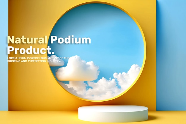 realistic podium stage display mockup for product presentation scene with white cloud fly 3d