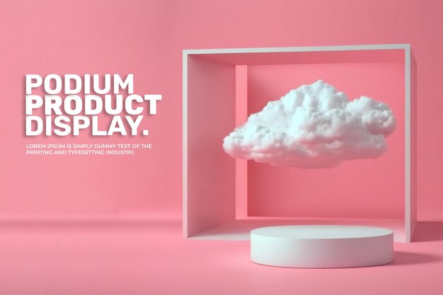 realistic podium stage display mockup for product presentation scene with white cloud fly 3d