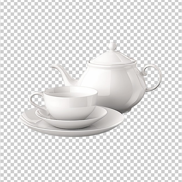 Realistic porcelain tea or coffee set with white cup saucer teapot on white background