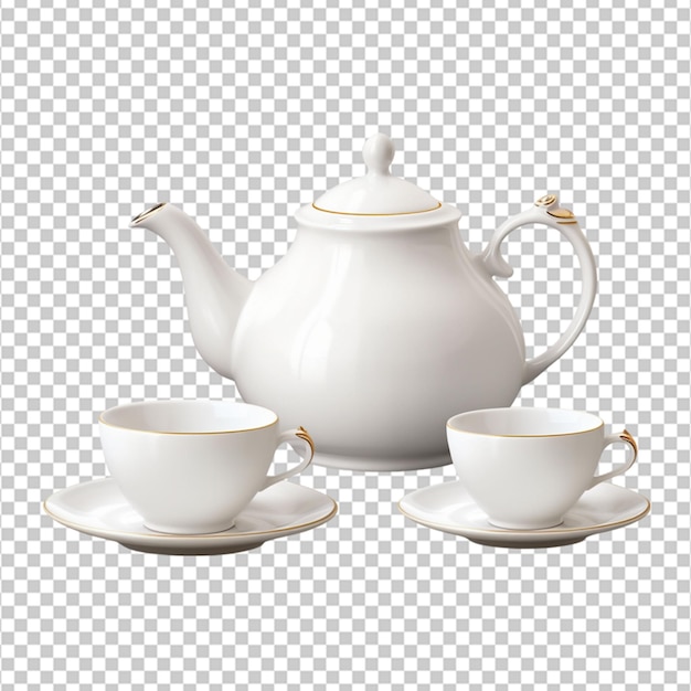 PSD realistic porcelain tea or coffee set with white cup saucer teapot on white background