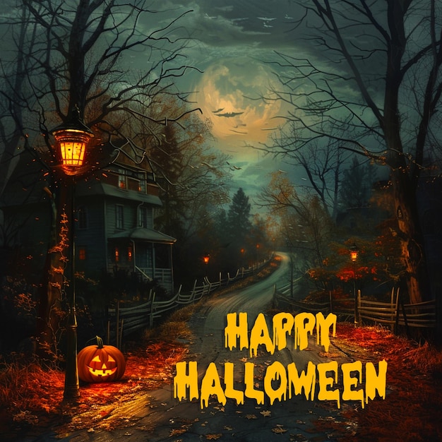 PSD a realistic portrait of halloween road with pumpkin in dark night