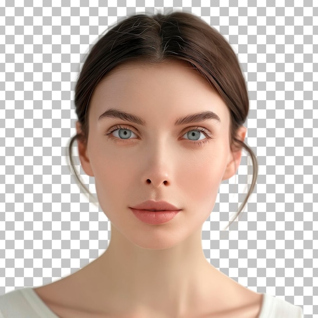 Realistic portrait woman with blue eyes and large hoop earrings set against a transparent background