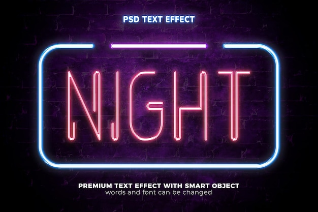 PSD realistic purple red night neon glow mock up 3d editable text effect