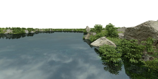 PSD realistic riverbank with vegetation 3d rendering of isolated objects