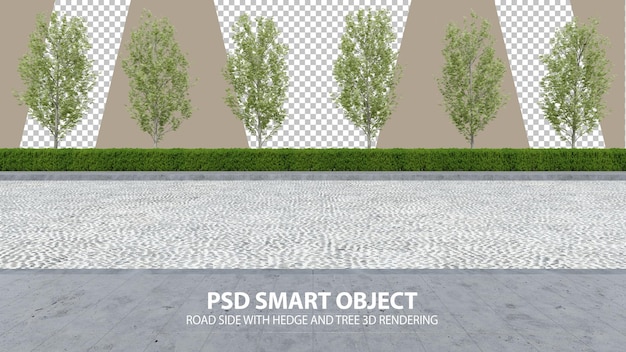 PSD realistic road side with hedge and tree 3d rendering of isolated objects