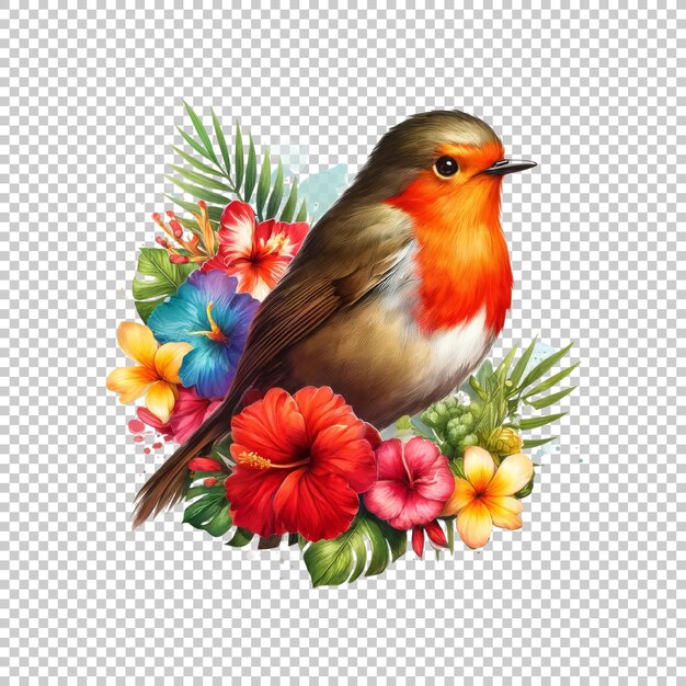 PSD realistic robin with colorful flowers isolated on transparent background