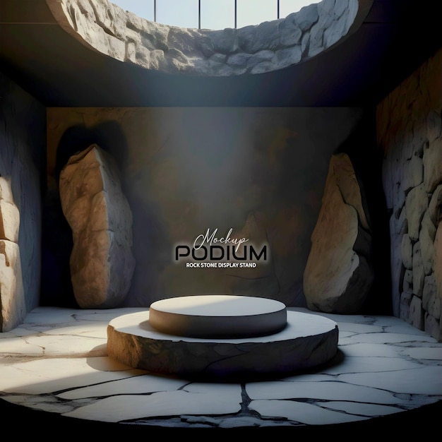 Realistic rock podium stone pedestal in ancient kingdom jail with roof sunlight satisfactory view